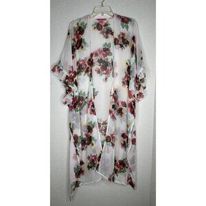 Betsey Johnson Kimono Top White Floral Sheer Ruffle Sleeve Duster Boho Colorful